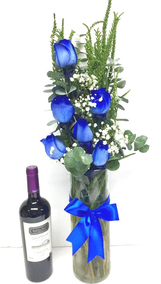 Florero en 6 Rosas Azules y Vino 750cc